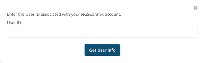 Image of the screen asking for the User ID for NGSConnex to reset password. 