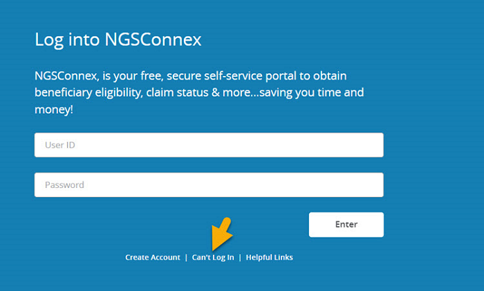 Image of Log Into NGSConnex with a yellow arrow pointing to the 'Can't Log In' link. 