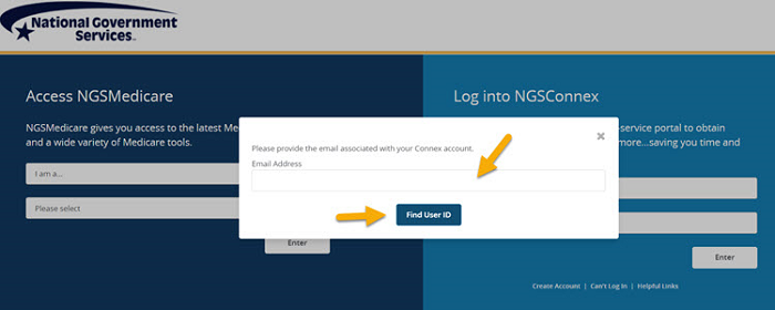 Image of the NGSMediare.com combined landing page with the Can't Log In link selected, Forgot My User ID link selected and the screen requesting the User ID email address. A Yellow arrow is pointing to the Find User ID button.