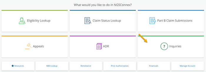 Image of NGSConnex homepage with arrow pointing to Inquiries. 