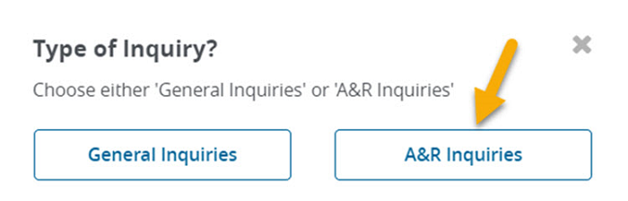 Image of Type of Inquiry? displayed with a yellow arrow pointing to A&R Inquiries. 