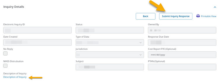 Image of Inquiry Details section displayed with yellow arrow pointing to Submit Inquiry Response and Description of Inquiry hyperlink.