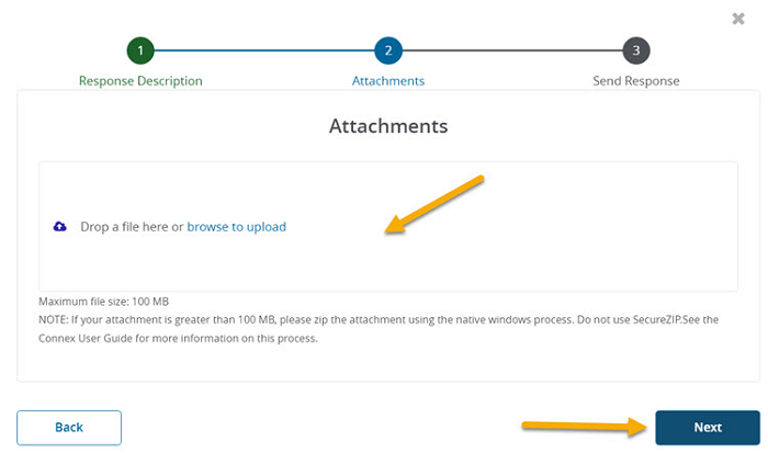 Image of the Attachments section with an arrow pointing to the arrow where you drag and drop files or browse for attachments. A yellow arrow is pointing to the next button. 