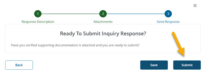 Image of the Send Reponse section with a yellow arrow pointing to Submit. 