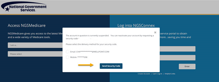 Image of NGSConnex combined landing page with the NGSConnex suspension notice displayed. A yellow arrow is pointing to the send security code button. 