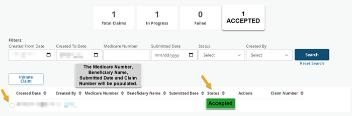 Image of Claim Submission History with a yellow arrow pointing to the checkbox to select the claim entry and a yellow arrow pointing to the Status of Accepted.