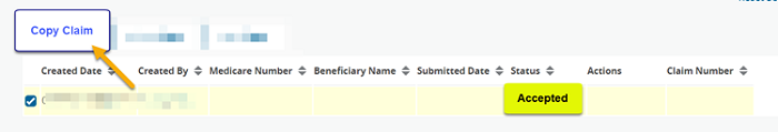 Image of Copy Claim button selected for a claim entry in the Accepted status. 