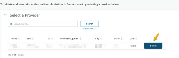 Image of Select A Provider panel with a yellow arrow pointing to the Select button