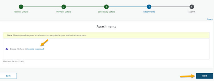 Image of the Attachments section displayed with a yellow arrow pointing to Browse to Upload and the Next Button. 