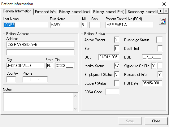 Sample image of the patient information screen. 