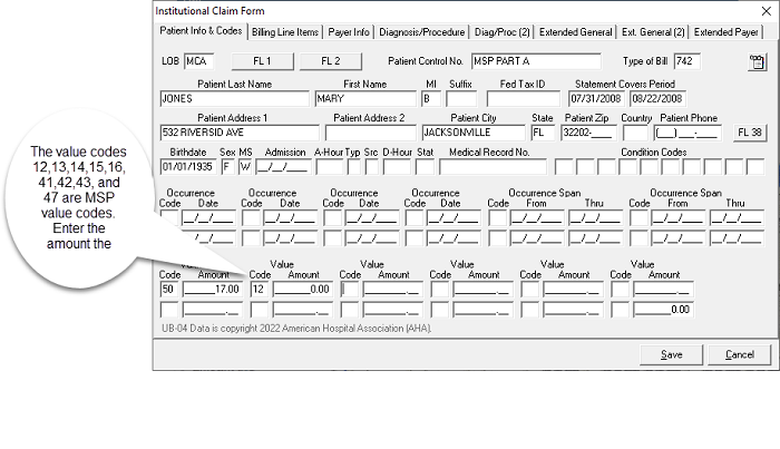 Sample image of the institutional claim form. The value code entry box is highlighted.