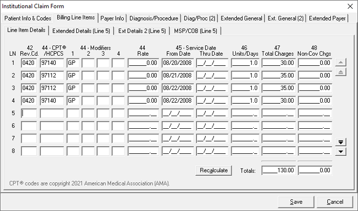 Sample image of the institutional claim form showing line item details.