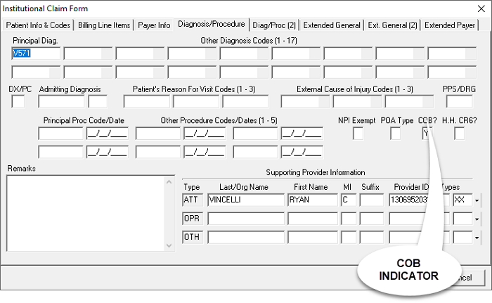 Sample image of the institutional claim form, showing where to enter the COB indicator.