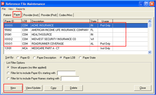 Image of the Payer tab under Reference File Maintenance. 