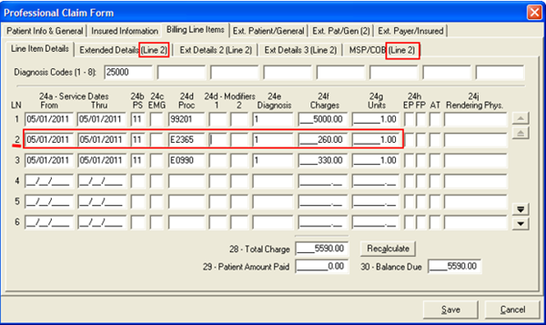 Image of the Line Item Details sub-tab under the Professional Claim Form screen. 