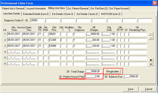 Image of the Line Item Details sub-tab under the Professional Claim Form screen. 