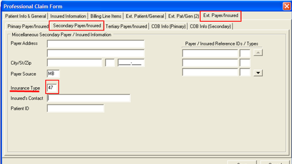 Image of the Secondary Payer/Insured sub-tab under the Professional Claim Form screen. 