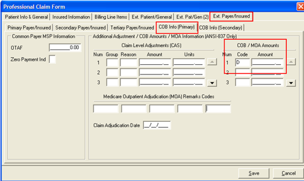 Image of the COB Info (Primary) sub-tab under the Professional Claim Form screen.