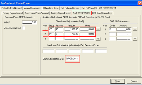 Image of the COB Info (Primary) sub-tab under the Professional Claim Form screen. 