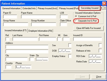 Image of the Secondary Insured tab under the Patient Information screen. 