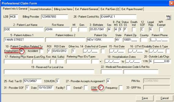 Image of the Patient Info & General tab under the Professional Claim Form screen. 
