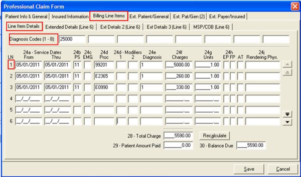 Image of the Billing Line Items tab under the Professional Claim Form screen. 