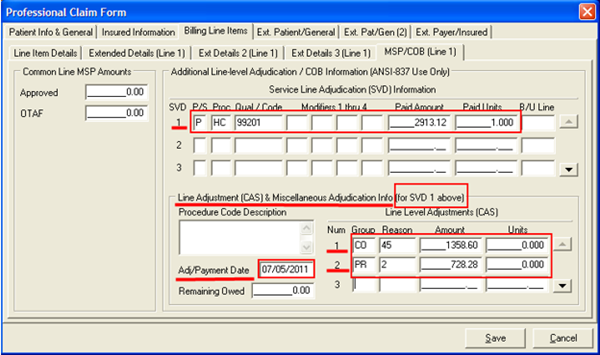 Image of the MSP/COB (Line 1) sub-tab under the Professional Claim Form screen. 