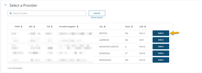 Provider panel with arrow pointing to Select 