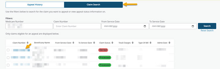 Image of Appeals applet with Claim Search highlighted and claim number hyperlink highlighted by a yellow arrow. 