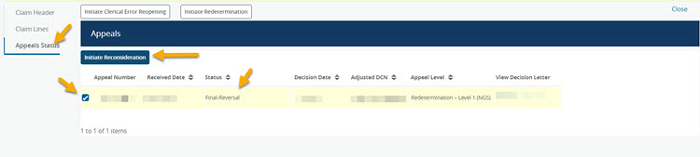 Image of Appeal Status applet displayed with arrows highlighting Appeal Status, Appeal Status checkbox, Status field and Initate Reconsideration button.