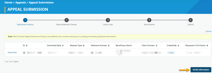 Image of Appeal Submission Step 1 Submission History with arrow pointing to the Verify Information button.