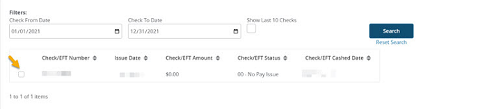 Image of the Check applet with a check selected and the View Remittance button highlighted with a yellow arrow. 