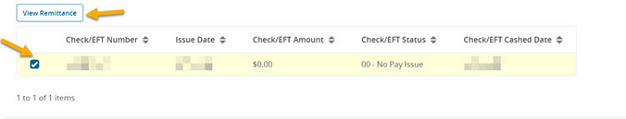 Image of the Check applet with a check selected and the View Remittance button highlighted with a yellow arrow. 