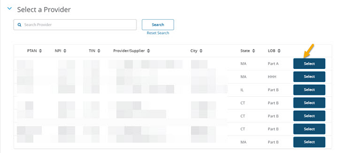 Image of 'Select a Provider' panel with a yellow arrow pointing to the Select button. 