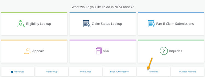 Image of the NGSConnex homepage with the Financials tab selected. 