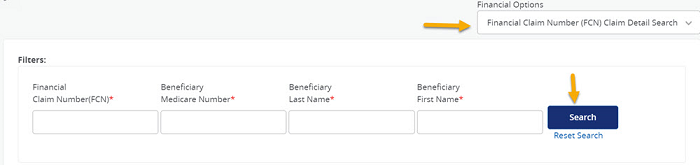 This is an image of the FCN Claim Detail Search where information can be entered. An error is pointing to the Financial Option and the search button