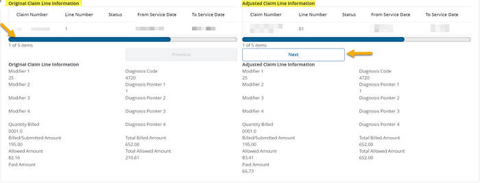 Image of the FCN Claim Detail Search results displayed in Connex with a yellow arrow pointing to the scroll bar and Next button. 