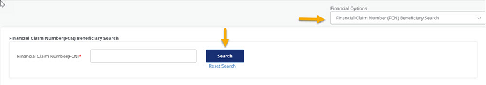 Image of the Financial Claim Number (FCN) Beneficiary Search applet displayed with a yellow arrow pointing to the Search button.