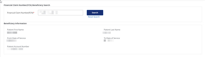 image of the Financial Claim Number (FCN) Beneficiary Search result screen. 