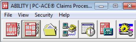 Image of the PC-ACE Claims Processing System main menu. Select INST or PROF 
