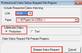 Select LOB & Contract (one LOB and one contract per 276 file) Select LOB Select Contract Select Production (default value) Select Prepare Status Request