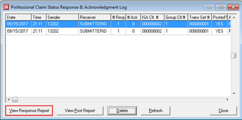 Image of the Claim Status Response and Acknowledgement Log.