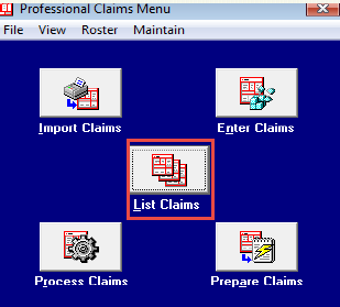 Image of the professional claims menu. Click on the lst claims icon.