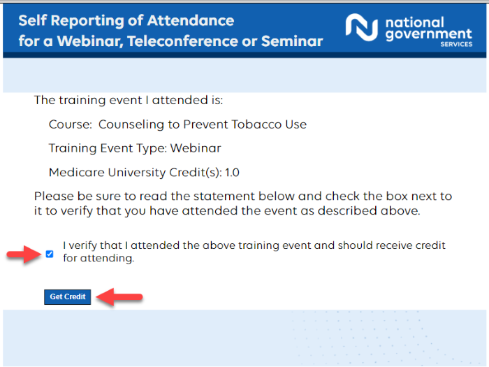 Select the checkbox to verify that you have attended the training, then select Get Credit