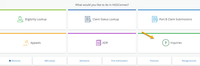 Image of the NGSConnex homepage with a yellow arrow pointing to the 'Inquiries' tab in NGSConnex. 
