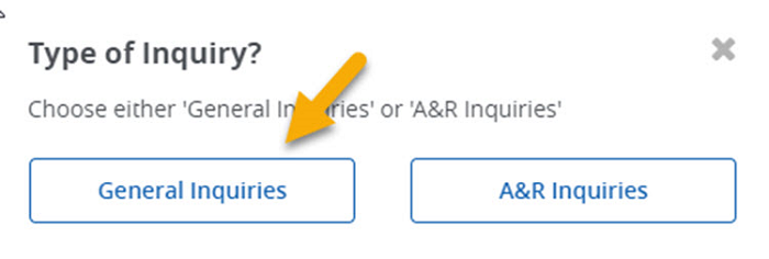 'Type of Inquiry?' question displayed with a yellow arrow pointing to the 'General Inquiries' button.