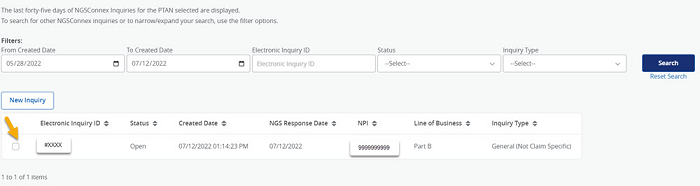 Image of the General Inquiries history panel with a yellow arrow pointing to the 'Electronic Inquiry' checkbox. 