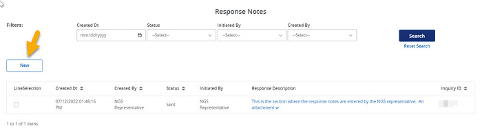 Image of the Response Notes panel with a yellow arrow pointing to the 'New' button.