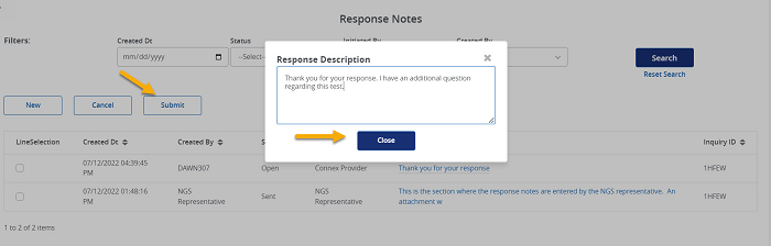 Image of the Response Description text box open with a yellow arrow pointing to the 'Close' button and 'Submit' button.