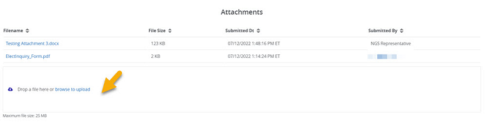 Image of the Attachments panel with a yellow arrow pointing to the area where attachments can be uploaded.